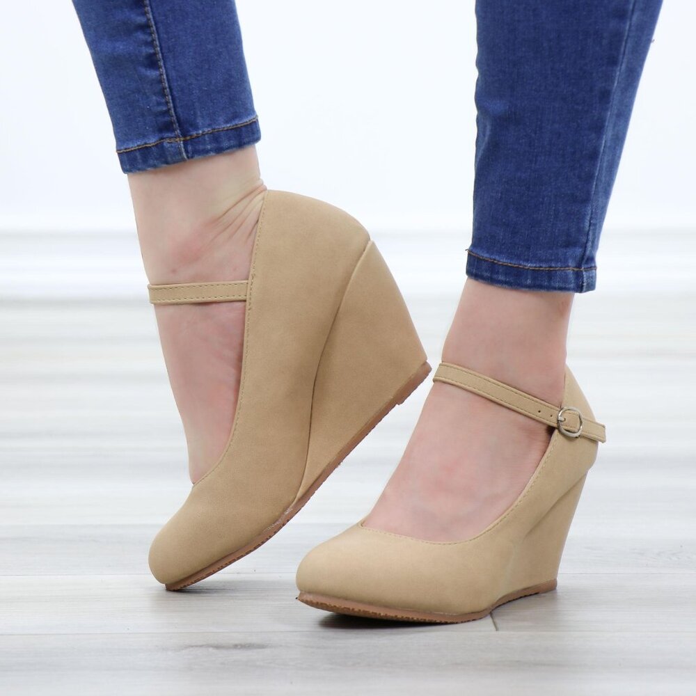 Faux Nubuck Leather Low Wedge Classy Heel - Picture 10 of 13